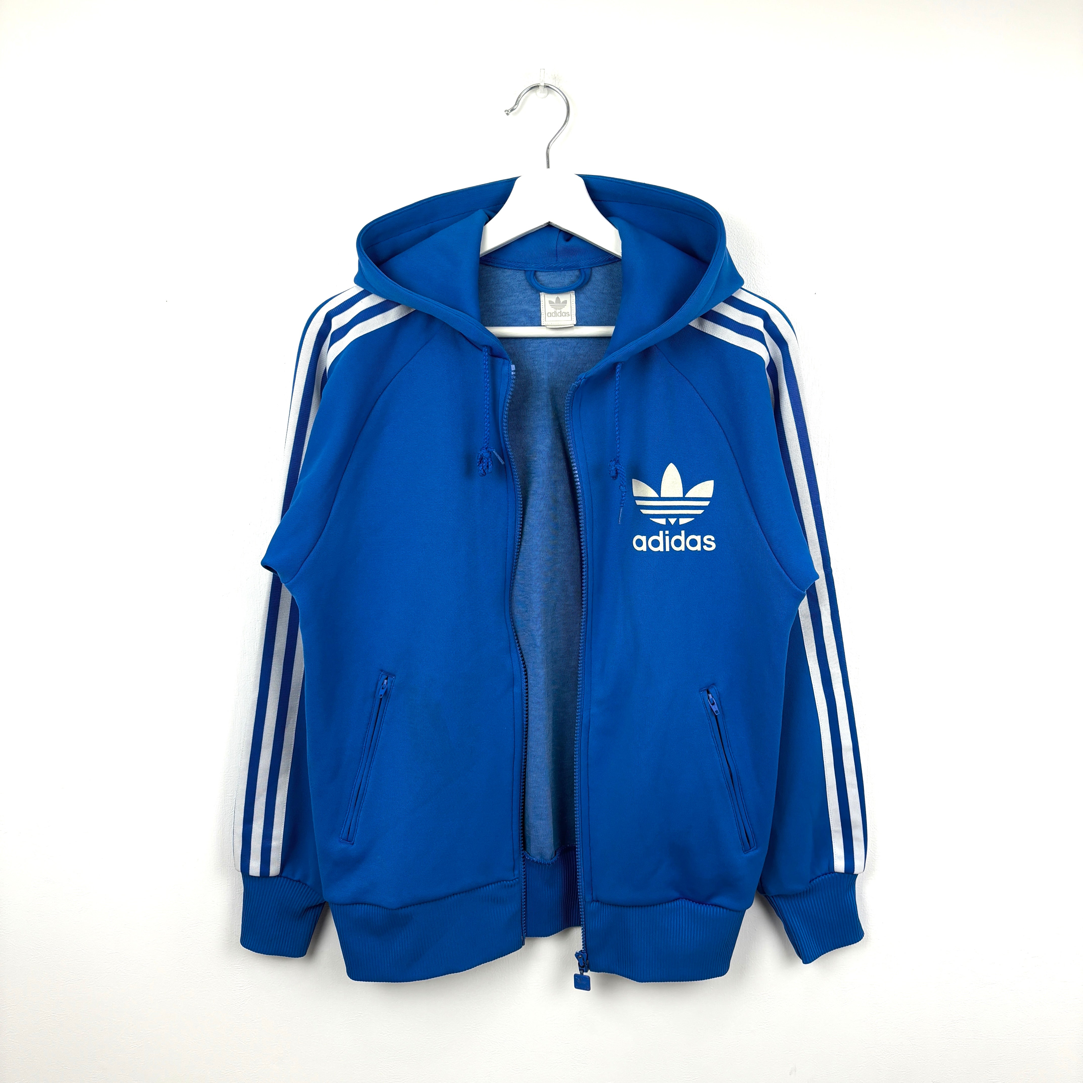 90s adidas Originals Trefoil Hoodie Jacket Blue Offset Logo