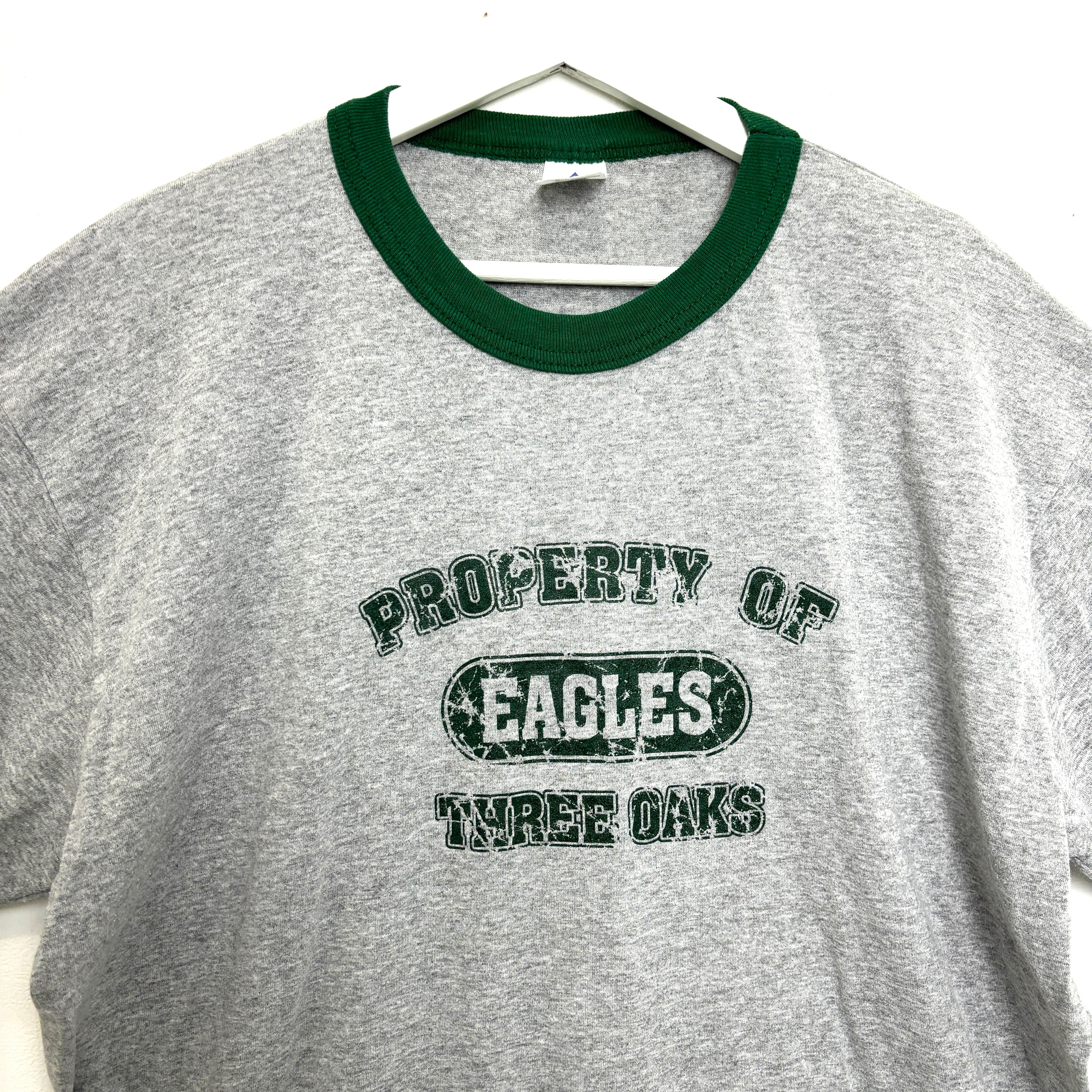 August Ringer T-shirt Property of Three Oaks Eagles Gray and Green Tee