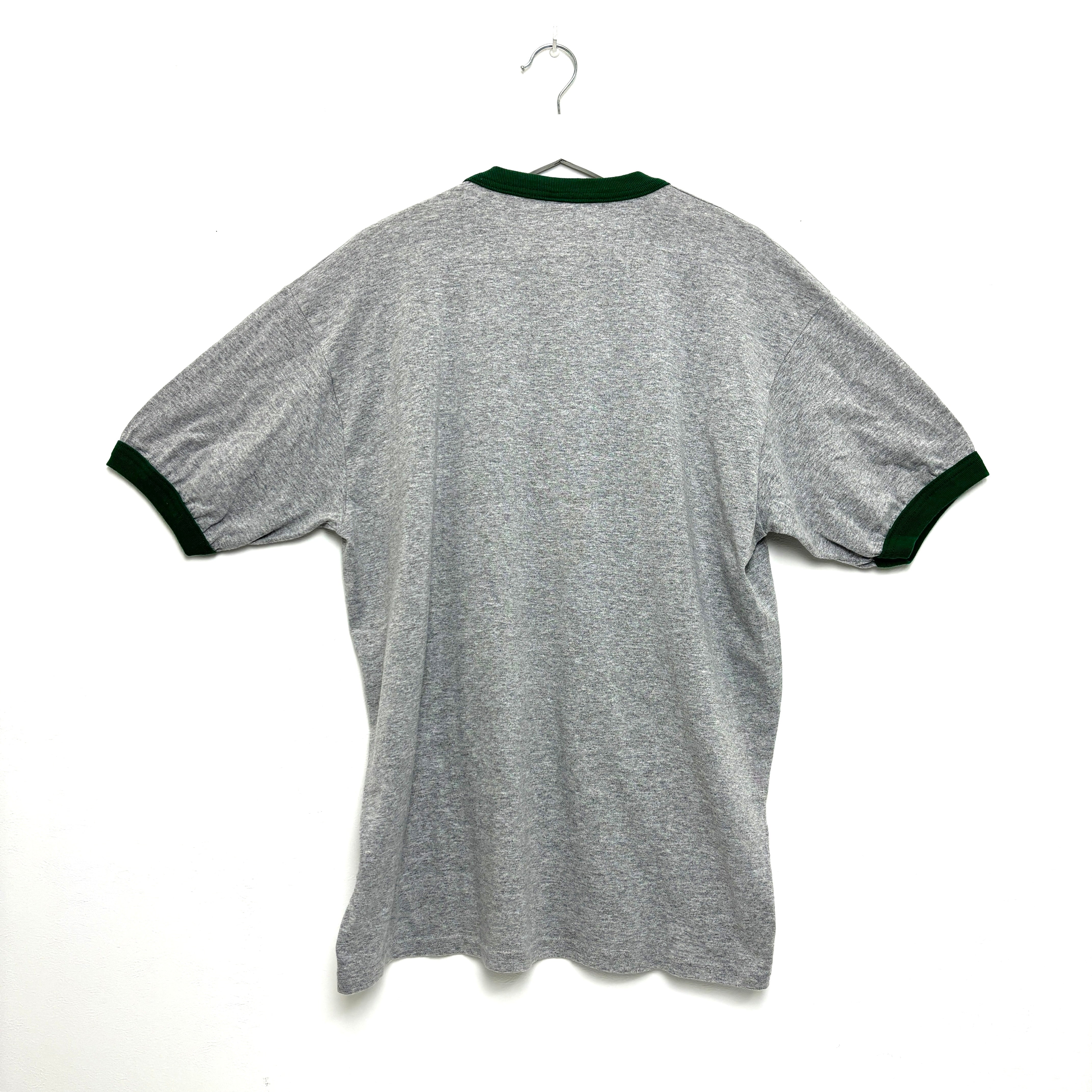 August Ringer T-shirt Property of Three Oaks Eagles Gray and Green Tee