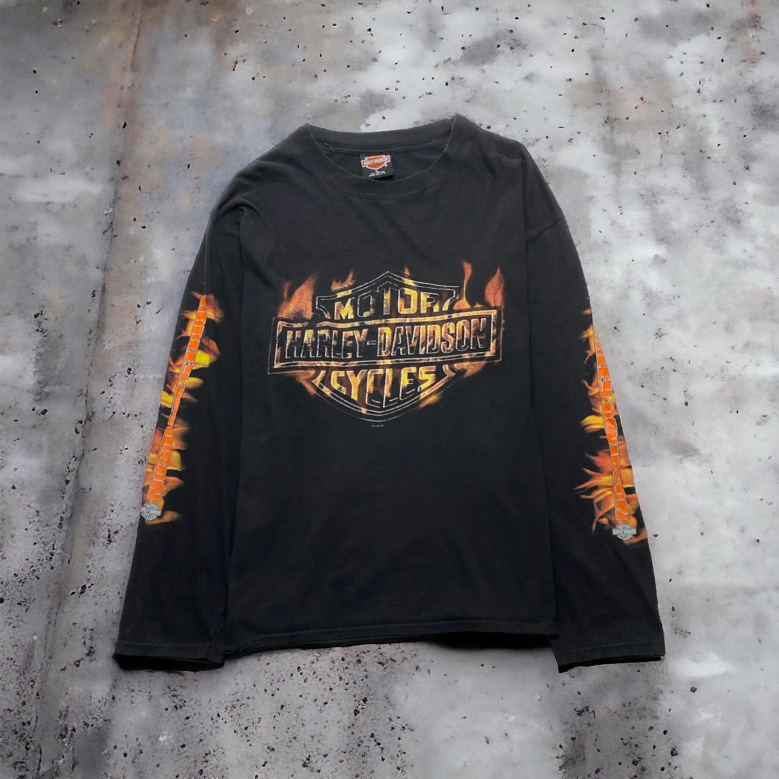 MOTOR HARLEY-DAVIDSON CYCLES FLAME FIRE LOGO L/S Tee Made in USA